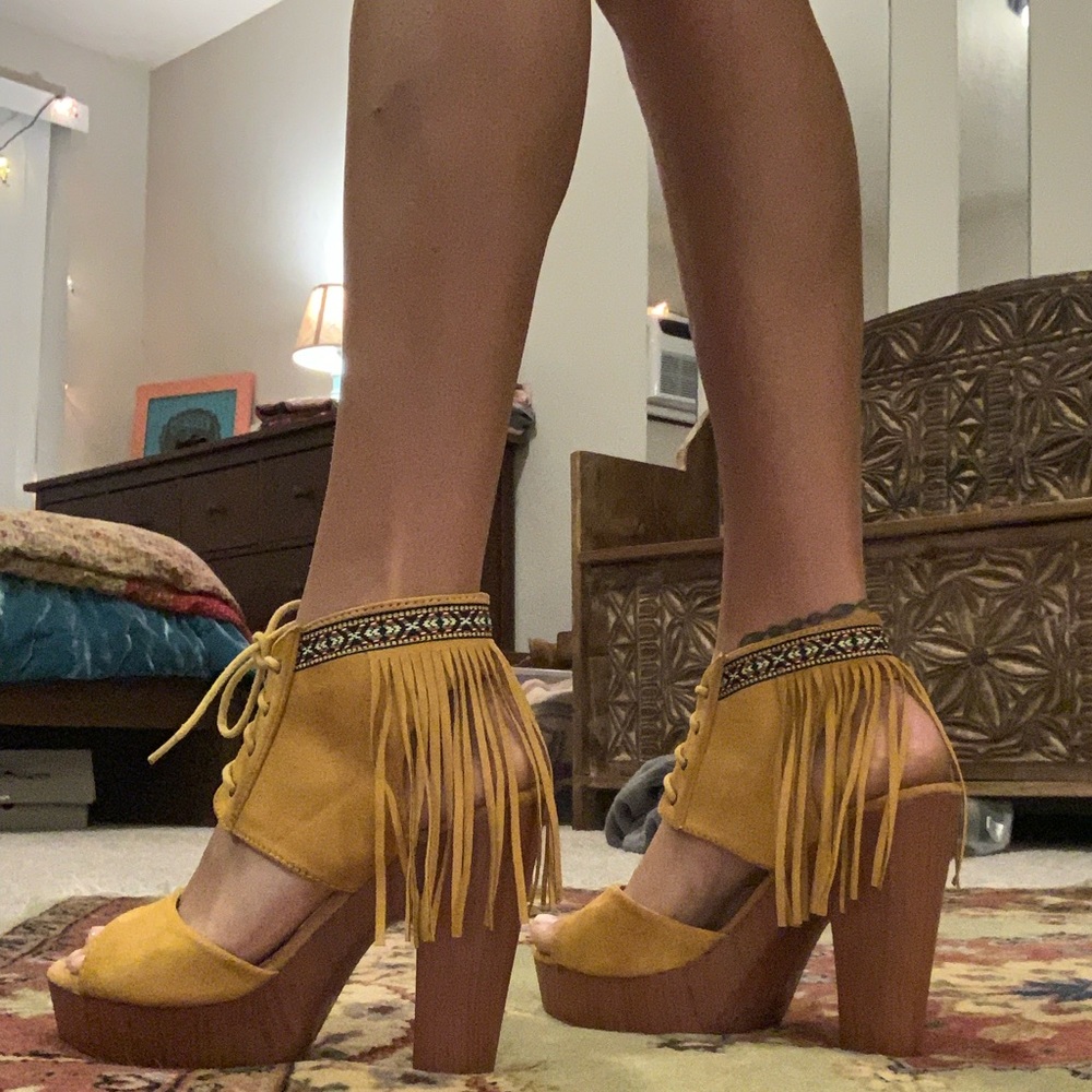Yellow boho fringe heels